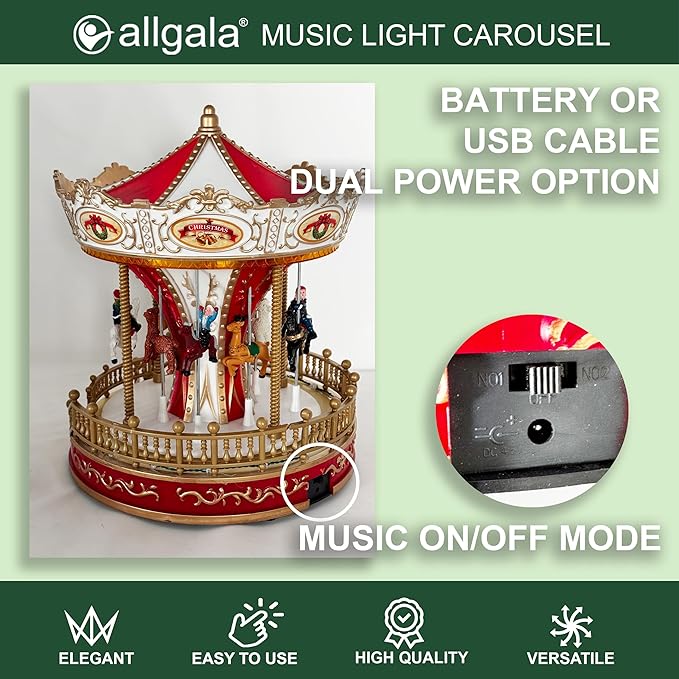 allgala Christmas Carousel Crafted Polyresin Like Christmas Village House Collectable Figurine with USB and Battery Dual Power Source-Carousel-XH93422