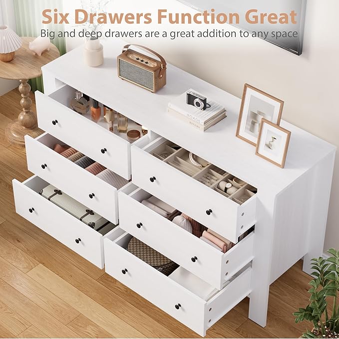 GarveeHome White 6 Drawer Dresser for Bedroom, Modern Wide Dresser Organizer with Storage Drawers, Wooden Chests of Drawers for Bedroom, Entryway, Hallway, Home Office