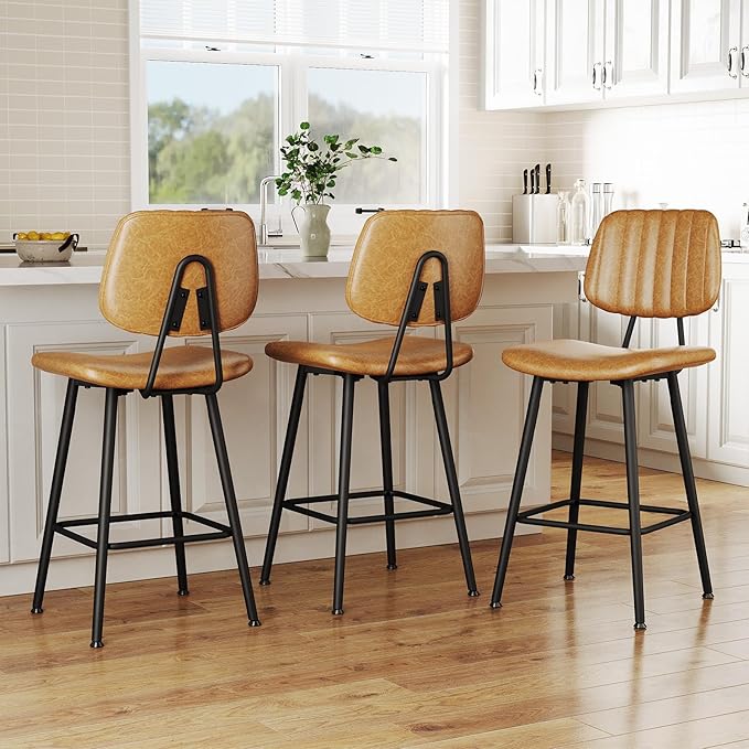 24-Inch Leather Bar Stools Set of 3, Counter Height Barstools with High Backrest，Bar Chairs for Kitchen Island with Heavy Duty Metal Legs, Brown