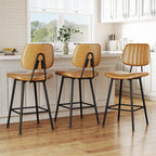 24-Inch Leather Bar Stools Set of 3, Counter Height Barstools with High Backrest，Bar Chairs for Kitchen Island with Heavy Duty Metal Legs, Brown