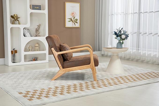 KEIKI Mid Century Modern Accent Chair, Upholstered Reading Chair with Extra Lumbar Pillow, Natural Jute Fabric, Easy Assembly
