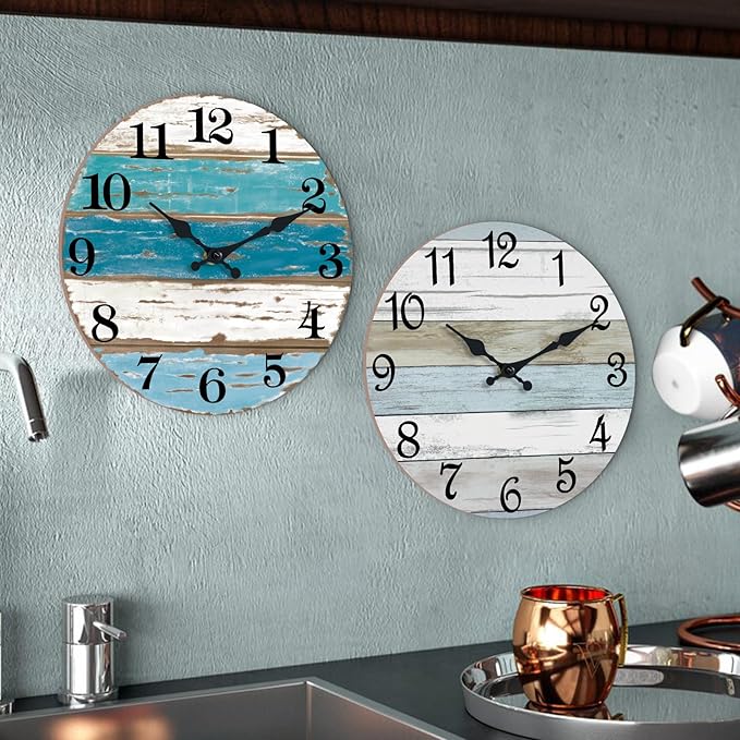 CHYLIN Wall Clock Beach Decor 12 Inch Coastal Nautical Ocean Clocks for Living Room, Silent Non Ticking Wall Clocks Battery Operated Decorative for Kitchen,Bedroom,Bathroom,Home(Blue)