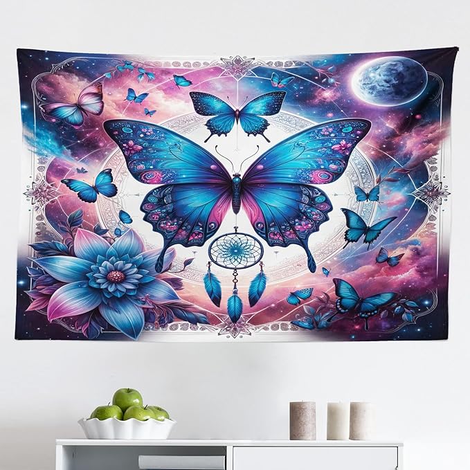 Ambesonne Boho Tapestry, Astral Dream in Outer Space with Fantasy Butterfly Dreamcatcher Moon, Fabric Wall Hanging Decor for Bedroom Living Room Dorm, 45" X 30", Pale Pink Sky Blue Indigo