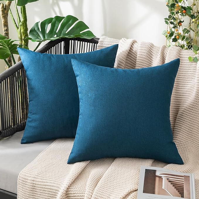 MIULEE Pack of 2 Decorative Outdoor Solid Waterproof Throw Pillow Covers Euro Sham Faux Linen Garden Farmhouse Coastal Cushion Cases for Summer Patio Tent Balcony Couch Sofa 26x26 Inch Blue