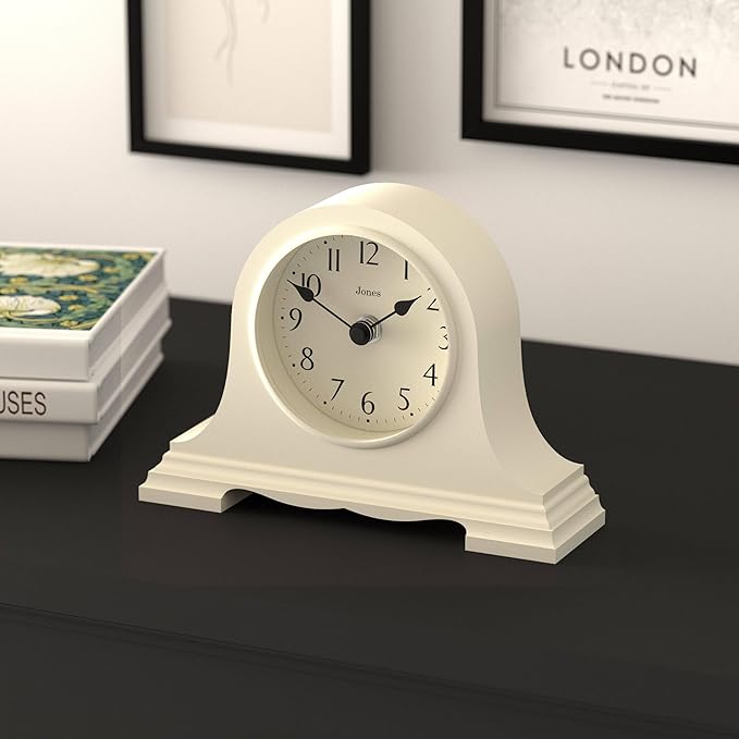 JONES CLOCKS® Speakeasy Mantel Clock | Classic Napoleon’s hat Design | Pale Cream | Contemporary Classic Style for Desk, Table, Shelf or Bedside