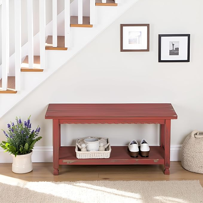 Country Cottage Rustic Farmhouse Bench – 36” Solid Wood Entryway Seat with Storage Shelf for Hallway, Mudroom, or Living Room Accent by Alaterre Furniture (Distressed Antique Red Finish)