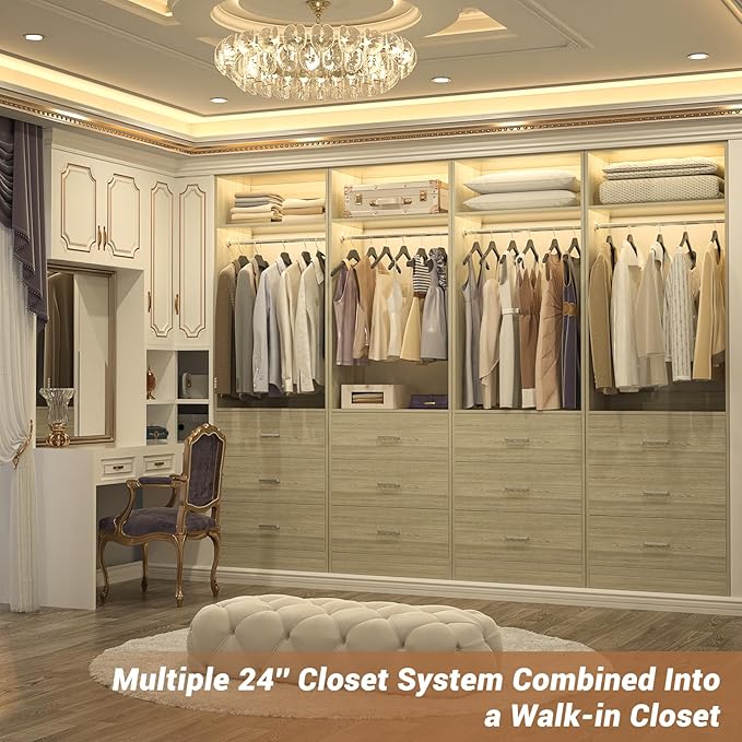 Closet System Set of 2, 4FT Closet Systems with 6 Wood Drawers, 48" Closet Organizer System with 2 Hanging Rods & 2 Shelves, Heavy Duty 48 Inch Walk-in Closet, White Oak (48"L x 15" W x 80" H)