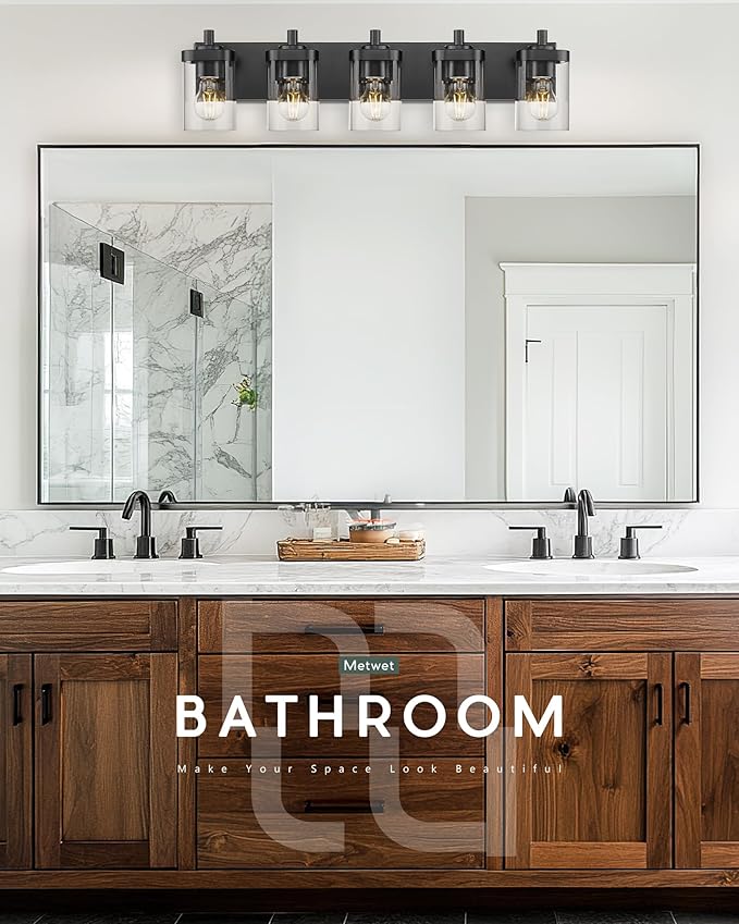 Bathroom Light Fixtures, 5-Light 30" Vanity Light with Square Clear Glass Shade, Modern Matte Black Wall Sconces, Vanity Lighting Fixtures Over Mirror, VL194-MB-5