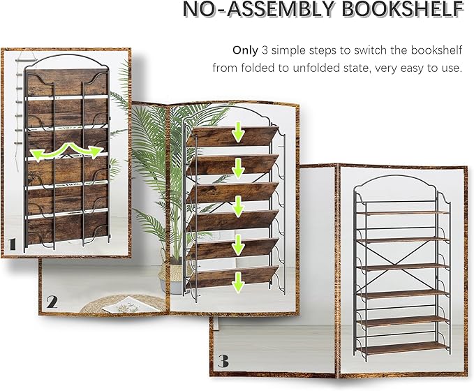 4NM No Assembly Extra Wide Folding Bookshelf for Living Room, 6 Tiers Collapsible Book Shelves Open Industrial Foldable Bookcase Storage Shelf for Home Office - Rustic Brown Black