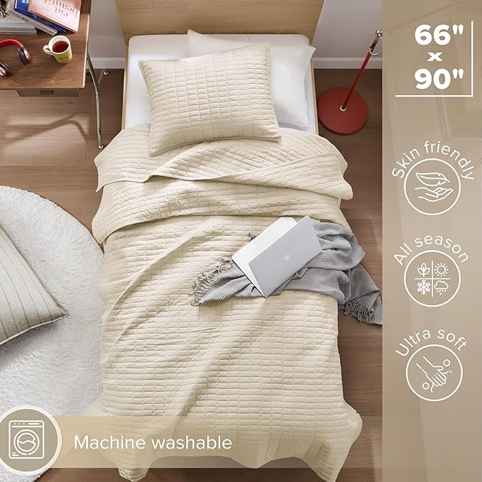 Comfort Spaces Kienna Quilt Set- Double Sided Stitching Design Summer Blanket, Lightweight, Soft, All Season Bedding Layer, Matching Sham, Ivory, Coverlet Twin/Twin XL(66"x90") 2 Piece