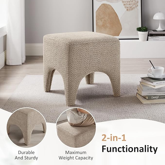 17" Boucle Modern Square Foot Stool Ottoman, Vanity Stool for Makeup, Rectangle Foot Rest for Couch, Upholstered Ottoman Stool for Living Room, Bedroom, Entryway (2, Camel)