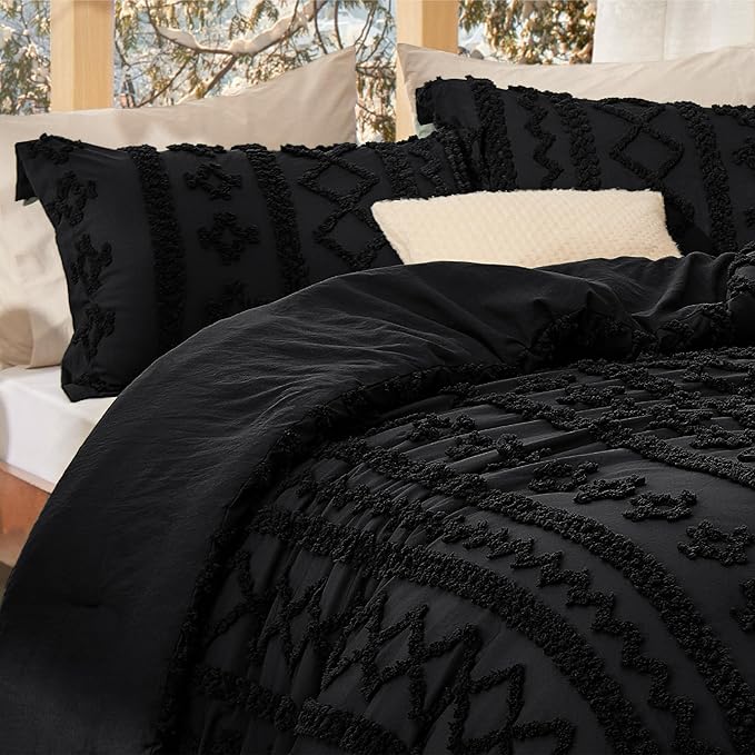 Bedsure Tufted Boho Comforter Set Oversized Queen - Black Boho Bed Set, GentleSoft™ 3 Pieces Farmhouse Shabby Chic Embroidery Bedding, Gifts for Woman, Soft Jacquard Comforter for All Seasons