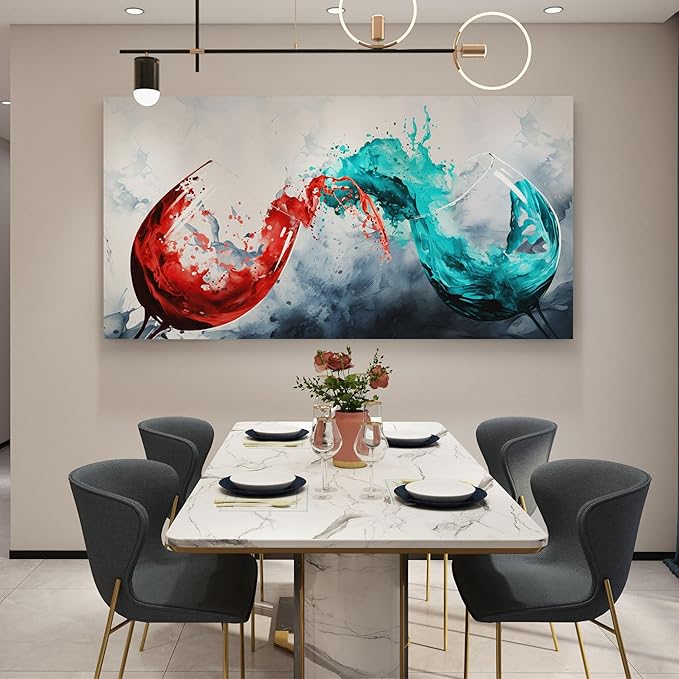 Pogusmavi Dining Room Wall Art - Blue & Red Wine Cups Canvas 30x60IN