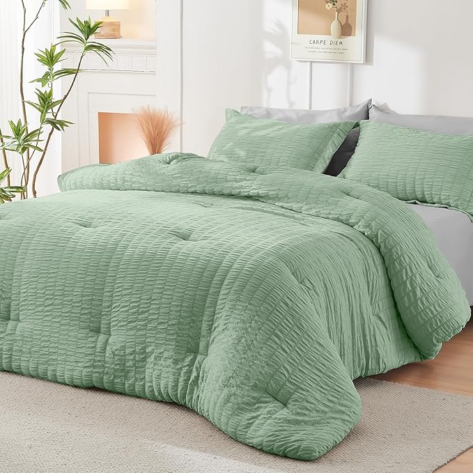 HYMOKEGE Sage Green/Light Grey King Size Comforter Set Seersucker 7 Pieces, All Season Luxury Bed in a Bag for Bedroom, Bedding Set with Comforter, Sheets, Pillowcases & Shams