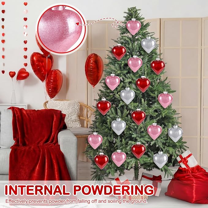 Civaner 12 Pcs Large Valentine's Day Heart Shaped Ornaments Outdoor, Glitter Heart Shaped Baubles with Pre-Strung Wire, Romantic Home Hanging Decorations for Valentine Tree (Red Pink Silver)