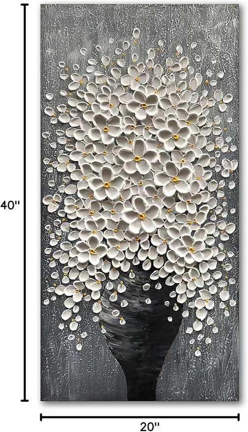 Epicler 20x40 Hand-Painted Painting for Wall Decoration, White Bouquet in vase, Home Wall Decoration.