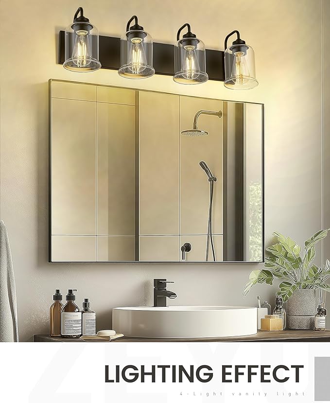 zeyu Modern Bathroom Light Fixtures, 4 Light Vanity Lighting, 28.5" Bathroom Mirror Wall Light, Matte Black Finish with Clear Glass Shade, ZSL72B-4W BK