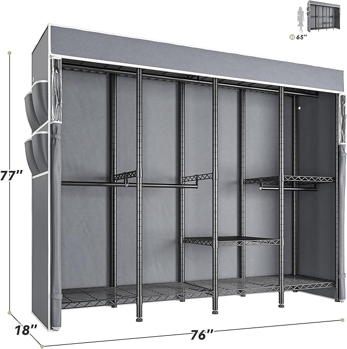 Raybee Clothes Rack with Cover,Clothing Rack for Hanging Clothes,Portable Closet,Adjustable,1150LBS,18" D x 76" W x 77" H,Black