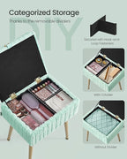 SONGMICS Vanity Stool Chair with Storage, Makeup Stool, Footrest Footstool Ottoman, Metal Legs, Adjustable Feet, for Living Room, Bedroom, Makeup Room, Moonlight Green ULOM505CZ02