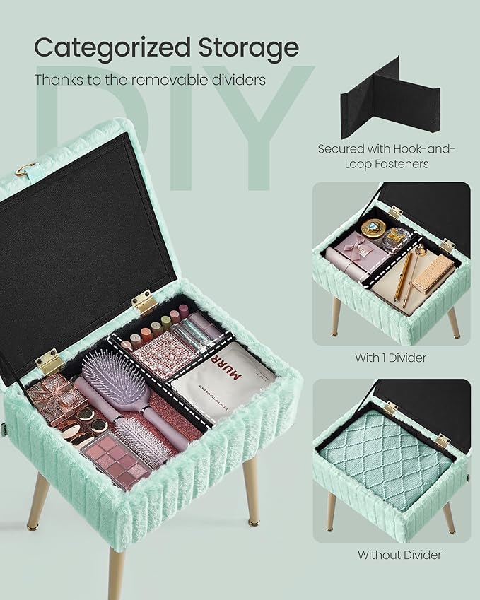 SONGMICS Vanity Stool Chair with Storage, Makeup Stool, Footrest Footstool Ottoman, Metal Legs, Adjustable Feet, for Living Room, Bedroom, Makeup Room, Moonlight Green ULOM505CZ02
