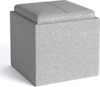 SIMPLIHOME Rockwood Cube Storage Ottoman with Tray - 17 inch Wide Upholstered Linen Look Fabric Square Storage Ottoman in Cloud Grey, Contemporary Cube Ottoman for Living Room with Serving Tray