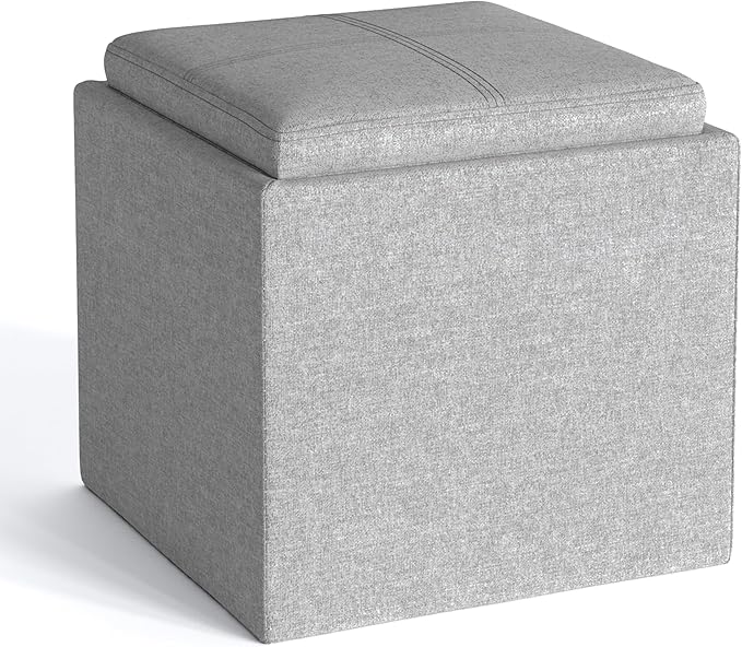 SIMPLIHOME Rockwood Cube Storage Ottoman with Tray - 17 inch Wide Upholstered Linen Look Fabric Square Storage Ottoman in Cloud Grey, Contemporary Cube Ottoman for Living Room with Serving Tray