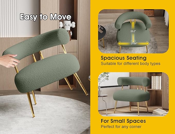Mid Century Sherpa Boucle Accent Chair, Round Upholstered Barrel Arm Chair for Small Spaces, Fluffy Side Corner Sofa Chair for Living Room, Bedroom, Vanity, Office, Reading Nook(Green)