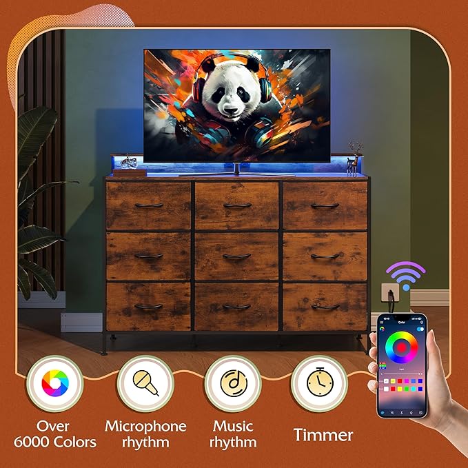 WLIVE Dresser TV Stand for 45, 50, 55 inch TV, Entertainment Center with LED Lights & Charging Station, Chest of Drawers with 9 Fabric Drawers and Open Shelves for Living Room, Hallway, Rustic Brown
