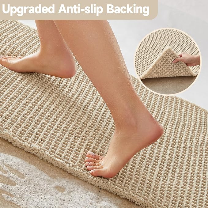 Pale Beige Bathroom Rug, Waffle Bath Mat Non Slip Washable Super Absorbent Quick Dry Boho Farmhouse Bathroom Decor, 24''x16'' Pale Beige