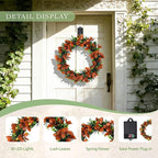 Solar Spring Wreath for Front Door 16inch Pre-lit 30LED Wreaths Spring Summer Decor for Outside Aftificial Red Floral Wreaths Home Decorations Wreath for Wall Festival Decor