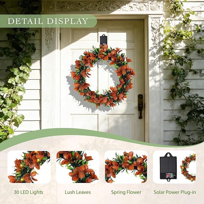 Solar Spring Wreath for Front Door 16inch Pre-lit 30LED Wreaths Spring Summer Decor for Outside Aftificial Red Floral Wreaths Home Decorations Wreath for Wall Festival Decor