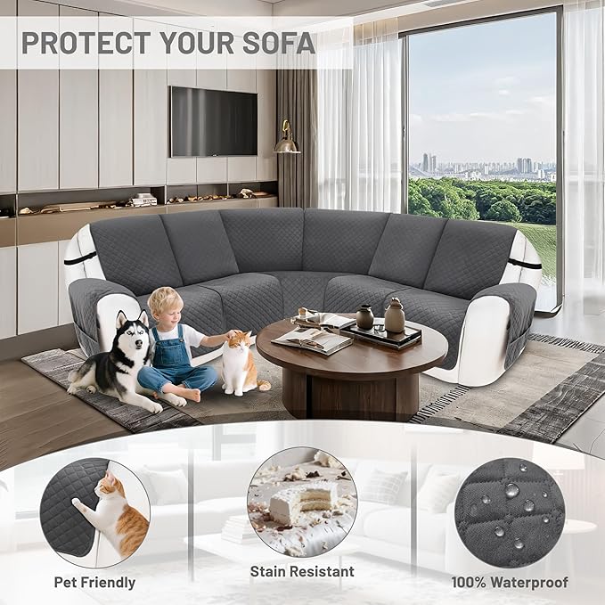 Reclining Sectional Couch Covers 100% Waterproof Recliner Cover Washable Velvet L Shape Recliner Sofa Covers for Dogs Pets Anti Slip Recliner Slipcovers with Pockets (5 Seat Sofa, Dark Gray)