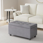 SIMPLIHOME Cosmopolitan Storage Ottoman - 34 inch Wide Upholstered Vegan Leather Rectangle Storage Ottoman Bench in Stone Grey, Transitional Tufted Ottoman for Living Room or Entryway with Lift-Up Lid