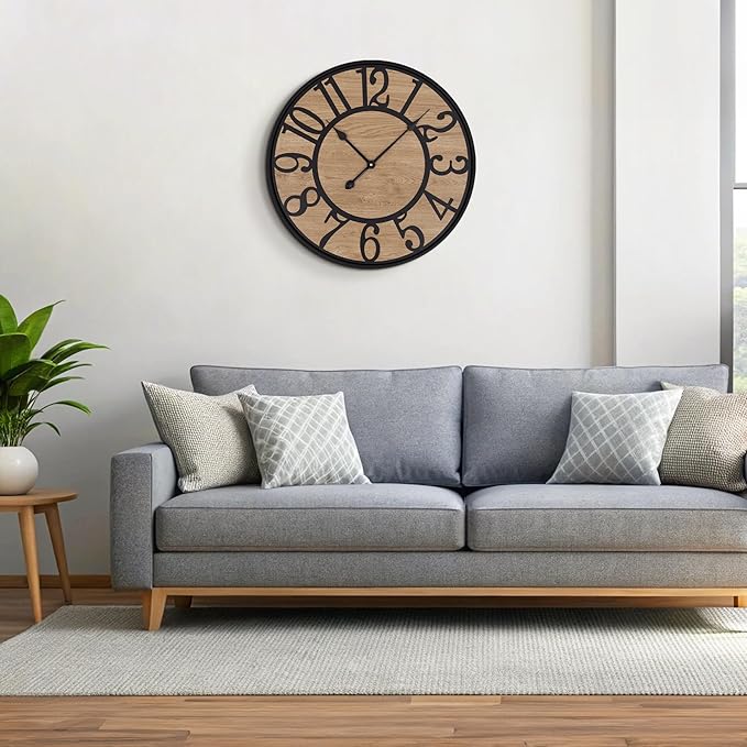 Maxstar Wall Clock for Living Room,Metal & Wood Silent Rustic Farmhouse with Arabic Numeral, Battery Operated Wall Clocks Decorative for Bedroom Office Home Decor 13inch Black