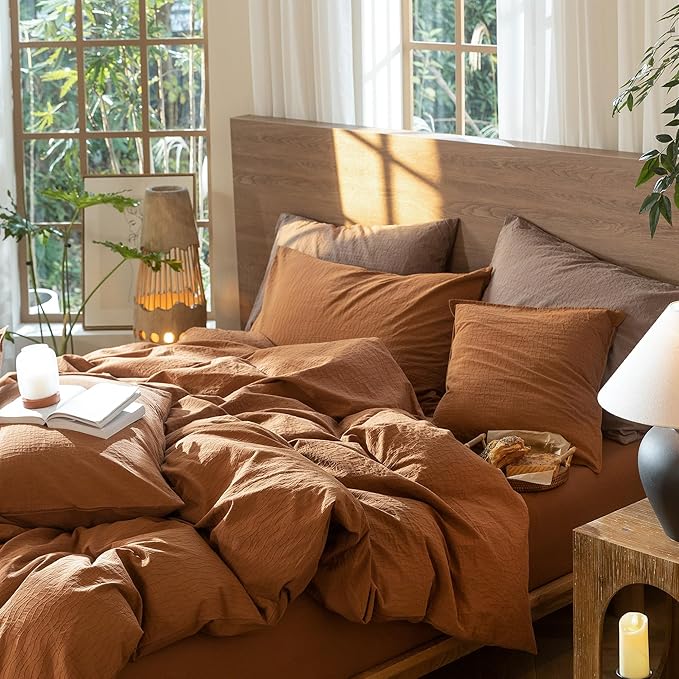 MooMee Wavy Striped Duvet Cover Set 100% Washed Cotton Linen Like Textured Breathable Durable Soft Comfy (Dark Orange, Queen 90"x90")