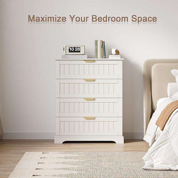 4 Wooden Drawer Dresser for Bedroom Storage, Modern Farmhouse Wood Chest of Drawers with Metal Handles, Wide Storage, Cabinet for Closet, Living Room, or Entryway White