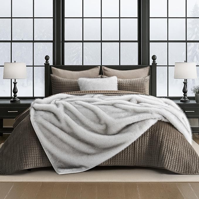 EVERGRACEHOME Luxury Faux Fur Throw Blanket, Soft Fluffy Faux Mink Blankets for Bed, Couch, Sofa, Thick Cozy Plush Warm Fur Throws with Reversible Velvet, Frosted White Wolf, 60"x80"