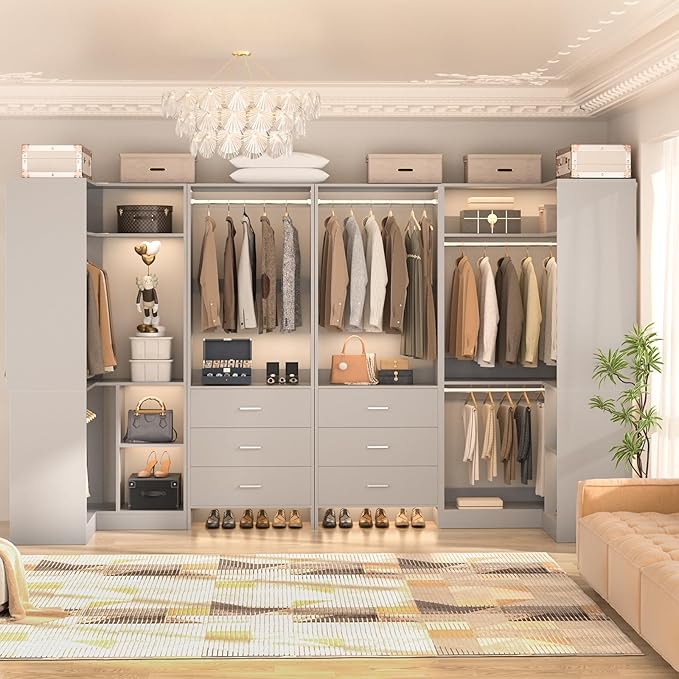 Aheaplus Closet System with 6 Drawers, 6 Hanging Rods & Corner Tower, Corner Closet System with Hanging,112.5" U-Shaped Walk-In Wardrobe Organizer, 2000+ lbs Capacity, Set of 4, Grey