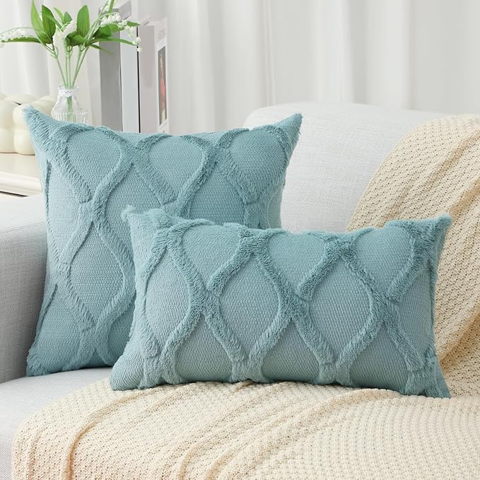 decorUhome Spring Throw Pillow Covers 20x20 Inch Set of 2, Soft Plush Faux Fur Wool Aqua Couch Pillow Covers, Decorative Neutral Pillow Cases for Bed Sofa Living Room Home Decor