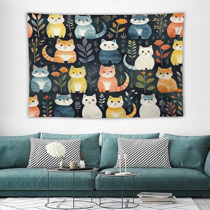 VUMIVI Cartoon Abstract Cat Tapestry Fun Cute Animals Plants Bohemian Modern Art Color Illustration Tapestry Wall Hanging for Living Room Bedroom Dorm Classroom Aesthetic Decor W60xL40in