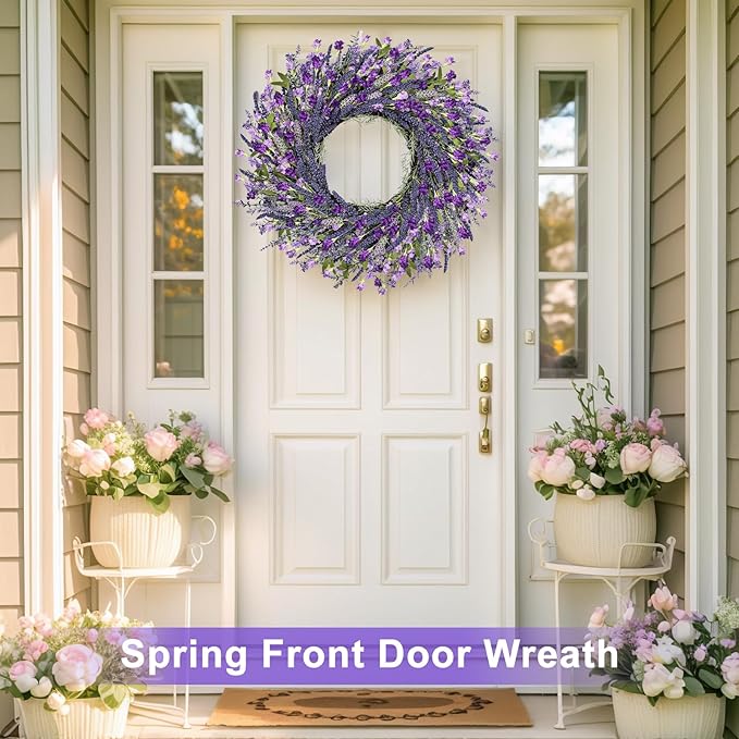 26 Inch Lavender Wreath Summer Spring Wreaths for Front Door Wreaths for Front Door for Wedding Farmhouse (Purple Lavender)