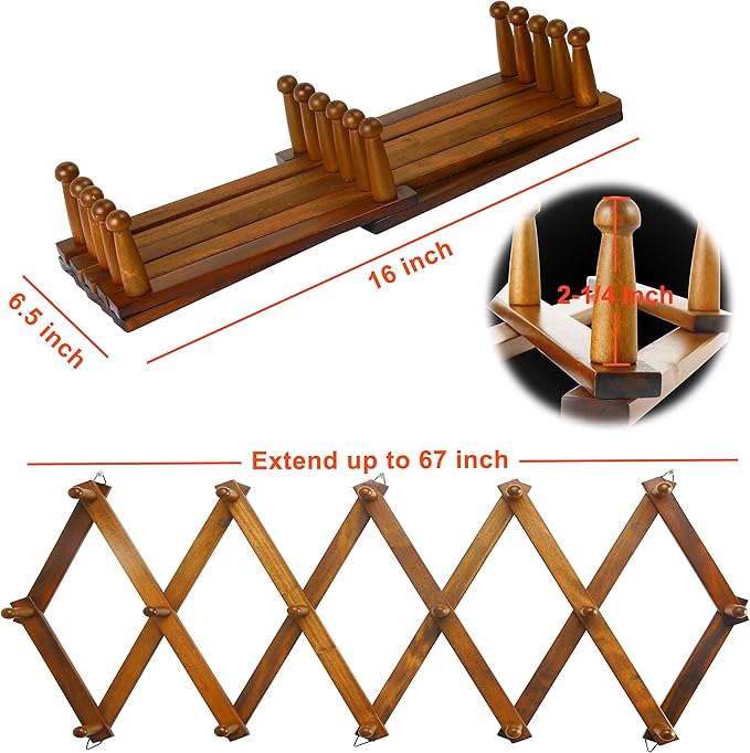 Dseap Accordian Wall Hanger: 16” High Wooden Wall Expandable Coat Rack, Hat Rack Holder, Accordion Hook for Baseball Caps, Coats, Mugs, 16 Peg Hooks, Brown