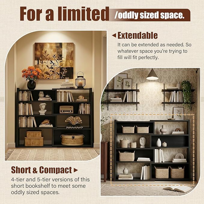 Armocity Book Shelf - Small Expandable Ladder Shelf, Short Corner Bookshelf for Small Spaces, 5 Tier Wood Narrow Bookcase, for Living Room, Bedroom, Entryway, Black