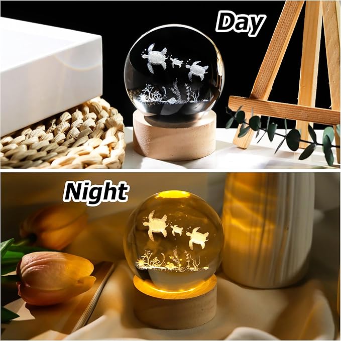 Sea Turtle Gifts for Women Men 3D Sea Turtles Crystal Ball with Wooden Light Base Glass Turtle Figurine Home Decor Gift for Mothers Valentine's Day Christmas Birthday (Diameter 2.36 inches)
