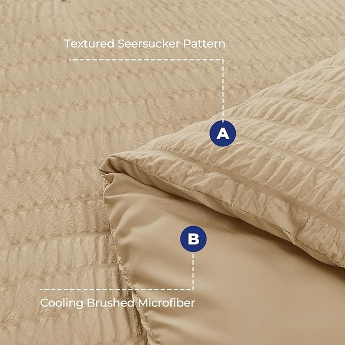 HYMOKEGE Khaki King Size Comforter Set Seersucker 7 Pieces, All Season Luxury Bed in a Bag for Bedroom, Bedding Set with Comforter, Sheets, Pillowcases & Shams