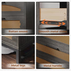 Mericonia 5 Drawer Rattan Dresser for Bedroom, Wood Tall Dresser for Closet with Metal Handles, Boho Nightstand Sets, Dressers & Chests of Drawers for Bedroom, Hallway and Entryway, Black