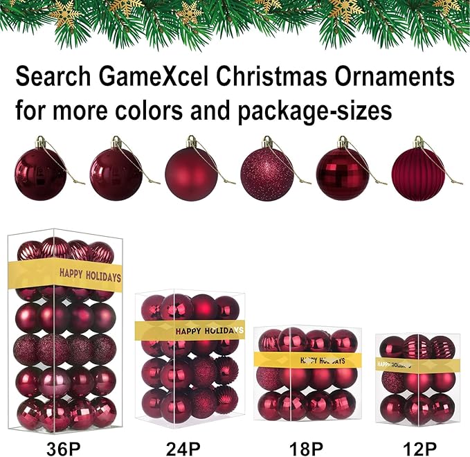 Maroon 2.5" Christmas Balls Christmas Tree Decoration Ornaments Shatterproof Hanging Balls for Birthday Halloween Holiday Wedding Decorations Set of 24pcs
