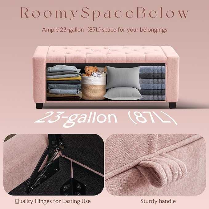 SUNWAVE Storage Ottoman Bench, Linen Fabric End of Bed Storage Bench with Button Tufted, Safety Hinge Lid, Large Ottoman for Bedroom, Living Room & Entryway