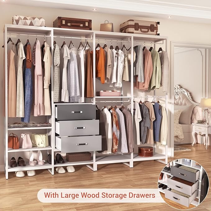 Aheaplus Wood Clothes Rack Wardrobe Closets for Hanging Clothes Heavy Duty Garment Rack, Large Corner L Shaped Closet System Organizer Walk-in Closet for Bedroom with 3 Wood Drawers, White Oak