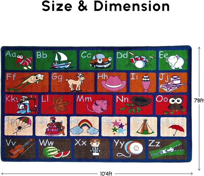 SAFECASTLE ABC Picture Phonics Alphabet Educational Area Rug for Kids 7'8" x 10'4" Preschool & Classroom Learning Carpet with Upper and Lowercase Letters, Rug for Early Learning, Daycare & Playrooms